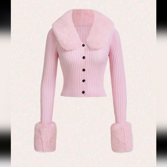 Borg Collar Fuzzy Cuff Tight Cut Black Long Sleeves Cardigan - Picture 1 of 4